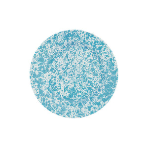 The Splatter Enamelware Dinner Plate features a white base with a blue splatter pattern and is displayed against a plain white background—an ideal choice for bringing colorful serveware to your entertaining occasions.