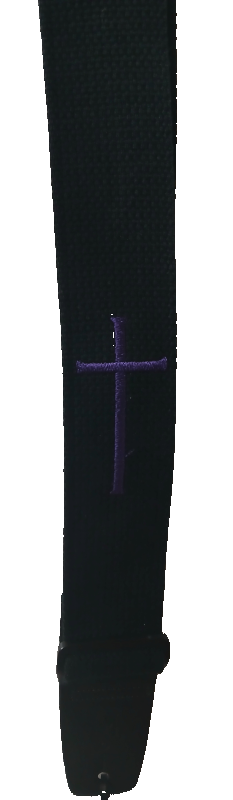 Black belt with a purple cross design on a textured surface