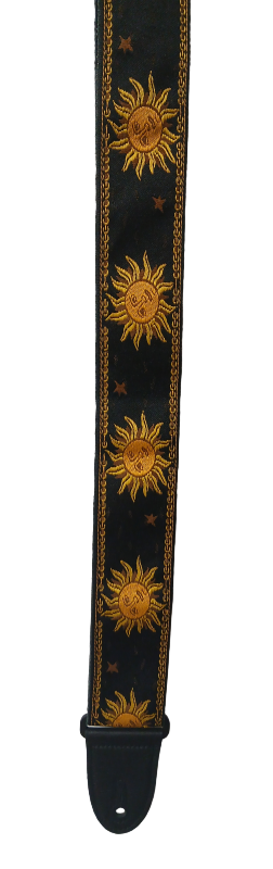 The Black Sun Guitar Strap showcases yellow sun and star embroidery on a black strap with a leather tip, offering guitar or dulcimer players a stylish and durable accessory.