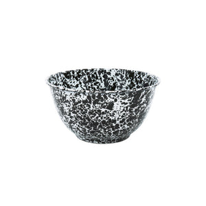 The Splatter Enamelware Large Salad Bowl features a rounded shape and a black and white speckled design, displayed against a plain white background.
