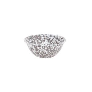 Splatter Enamelware Small Serving Bowl featuring gray and white speckles with a flared rim, centered on a plain white background—an elegant piece of serveware that complements any table setting.