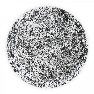 Splatter Enamelware Large Round Tray featuring a bold black and white splatter pattern, shown from above on a white background. Ideal for serving guests or elegantly displaying appetizers.