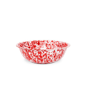 A Splatterware Enamelware Small Basin, featuring a 4 qt capacity and a 12.25" diameter with a red and white speckled pattern, is displayed against a plain white background.