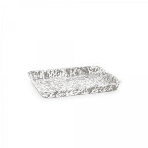 Splatter Enamelware Small Rectangular Tray featuring a white and gray speckled pattern, crafted from durable enamelware with a smooth porcelain finish, displayed on a plain white background.