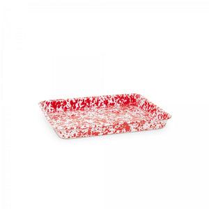 A small rectangular tray from the Splatter Enamelware collection, showcasing a red and white speckled design with slightly raised edges and a durable enamel finish, displayed against a plain white background.