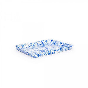 Splatter Enamelware Small Rectangular Tray featuring a blue and white splatter pattern and a sleek porcelain finish, displayed on a plain white background.