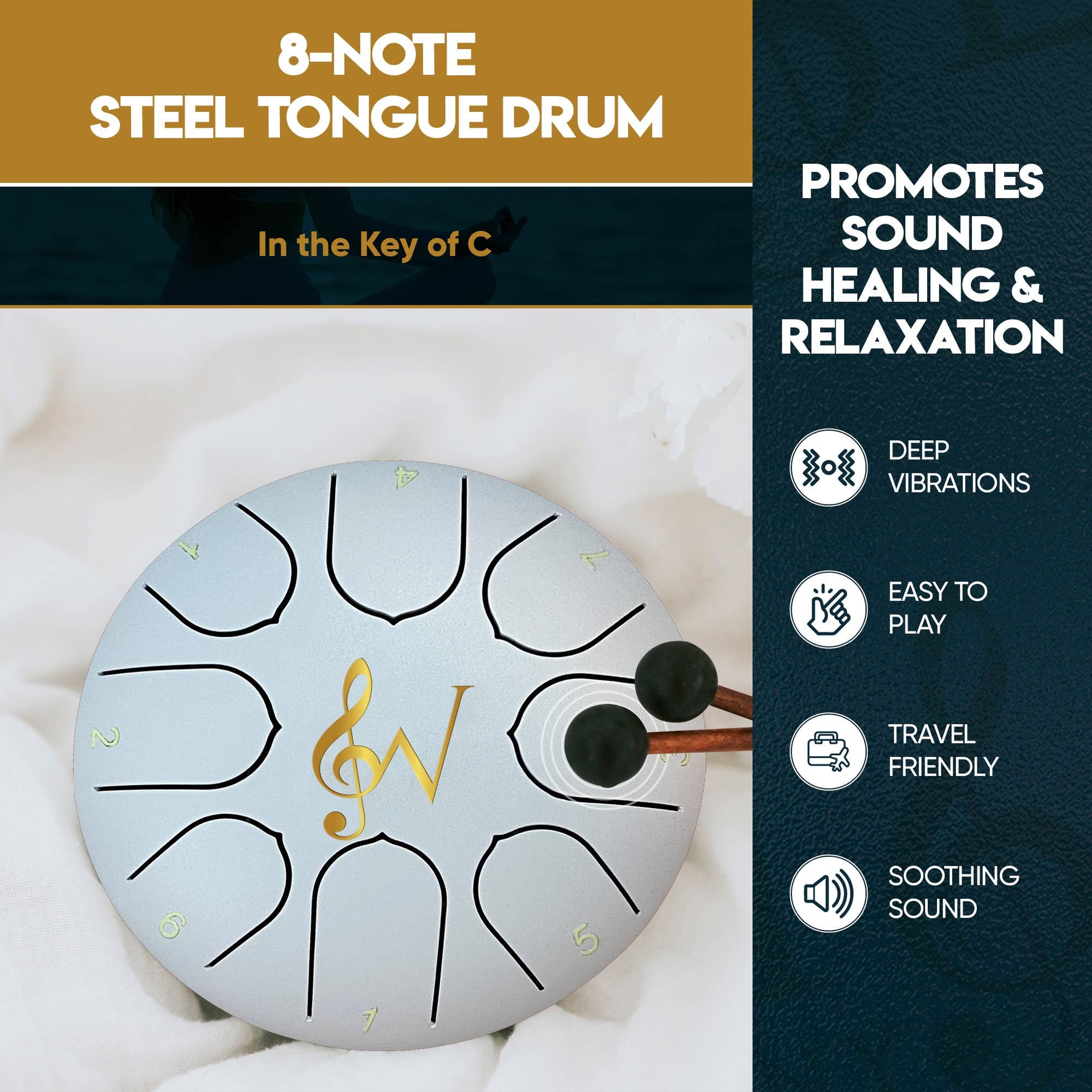 Image showcasing the Steel Tongue Drum 6-Inch 8-Notes in the key of C, emphasizing benefits like sound healing, relaxation, deep vibrations, ease of play, travel friendliness, and soothing sounds.