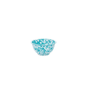 Splatter Enamelware Small Footed Bowl featuring a blue and white marbled pattern, perfect for serving dip, shown against a plain white background.