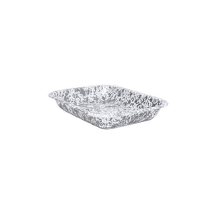 A Splatter Enamelware Small Open Roaster, featuring a rectangular shape with gray and white speckles and slightly flared edges, is displayed against a plain white background.