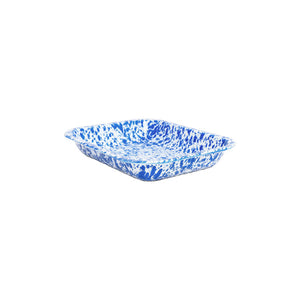 Splatter Enamelware Small Open Roaster featuring a blue and white splatter pattern, crafted from durable enamelware and displayed from a side angle against a plain white background.