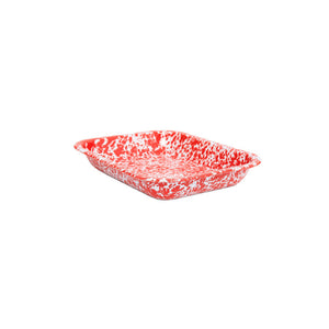 Splatter Enamelware Small Open Roaster featuring a rectangular shape with red and white speckles, a porcelain finish, and shallow sides, displayed against a plain white background.