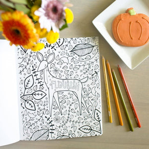 Together: A Mommy + Me Coloring Book with beautiful illustrations featuring a deer and flowers.