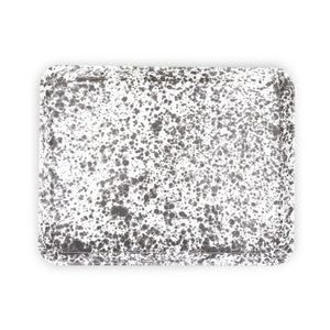 Splatter Enamelware Large Rectangle/Jelly Roll Tray featuring a white base with a black splatter pattern, displayed on a plain white background.