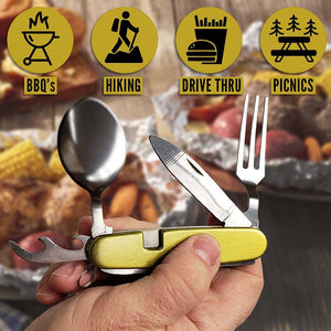 A Hobo Knife with a spoon, fork, and knife, ideal for outdoor adventures, displayed against icons representing bbqs, hiking, drive-thrus, and picnics.