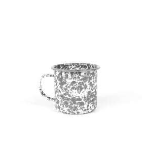 A Splatter Enamelware 16 oz Large Mug, featuring a gray and white speckled design and a sturdy handle, perfect for enjoying your favorite beverages, placed against a plain white background.