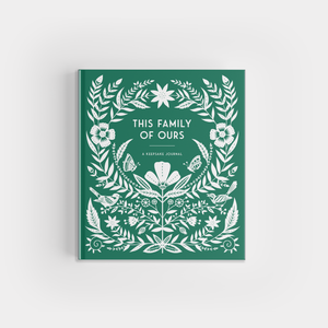 This Family of Ours is a green guided journal with white floral and leaf illustrations—ideal as a family memory book or a thoughtful gift for grandparents.