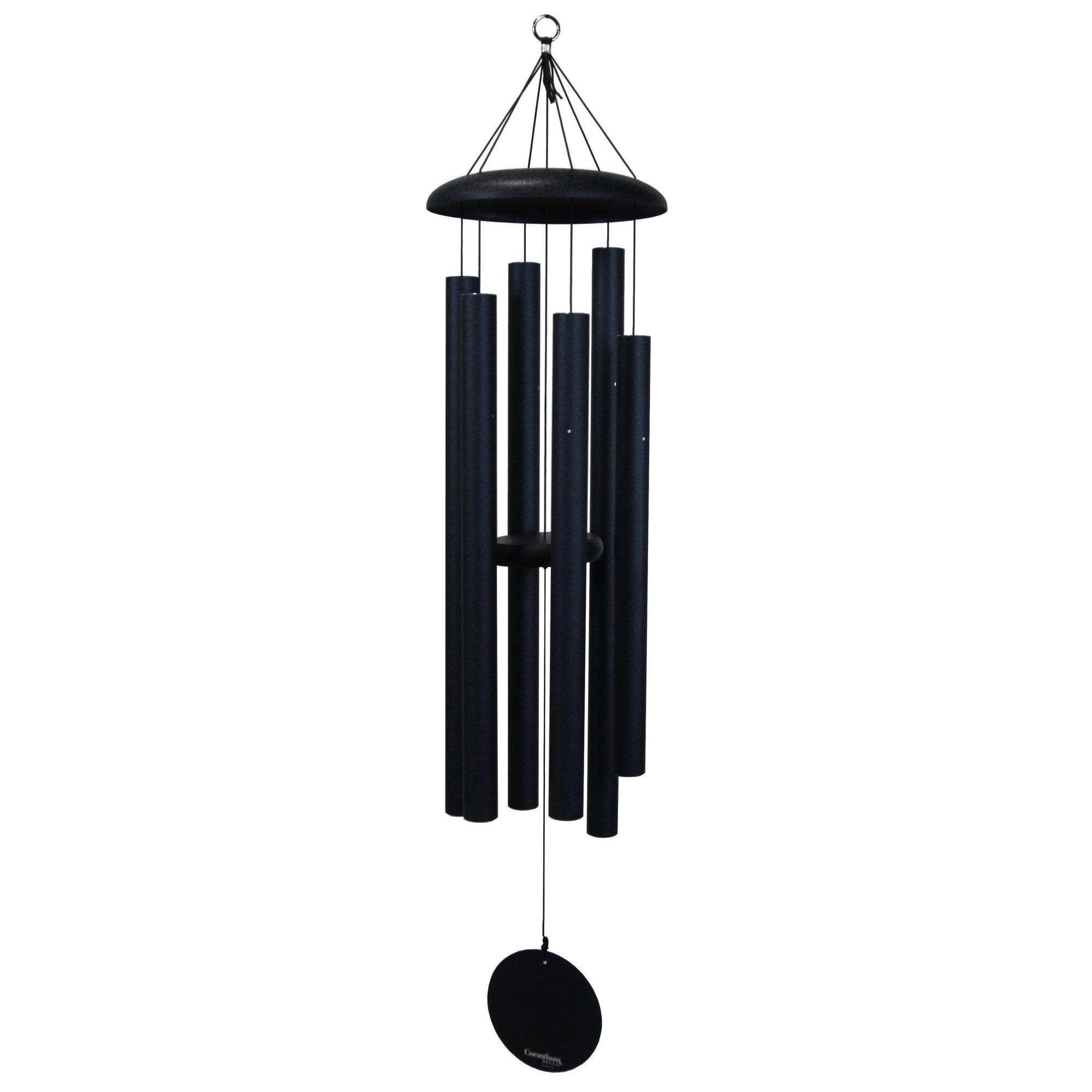 A Corinthian Bells® 50-inch Windchime with black tones hanging on a white background.