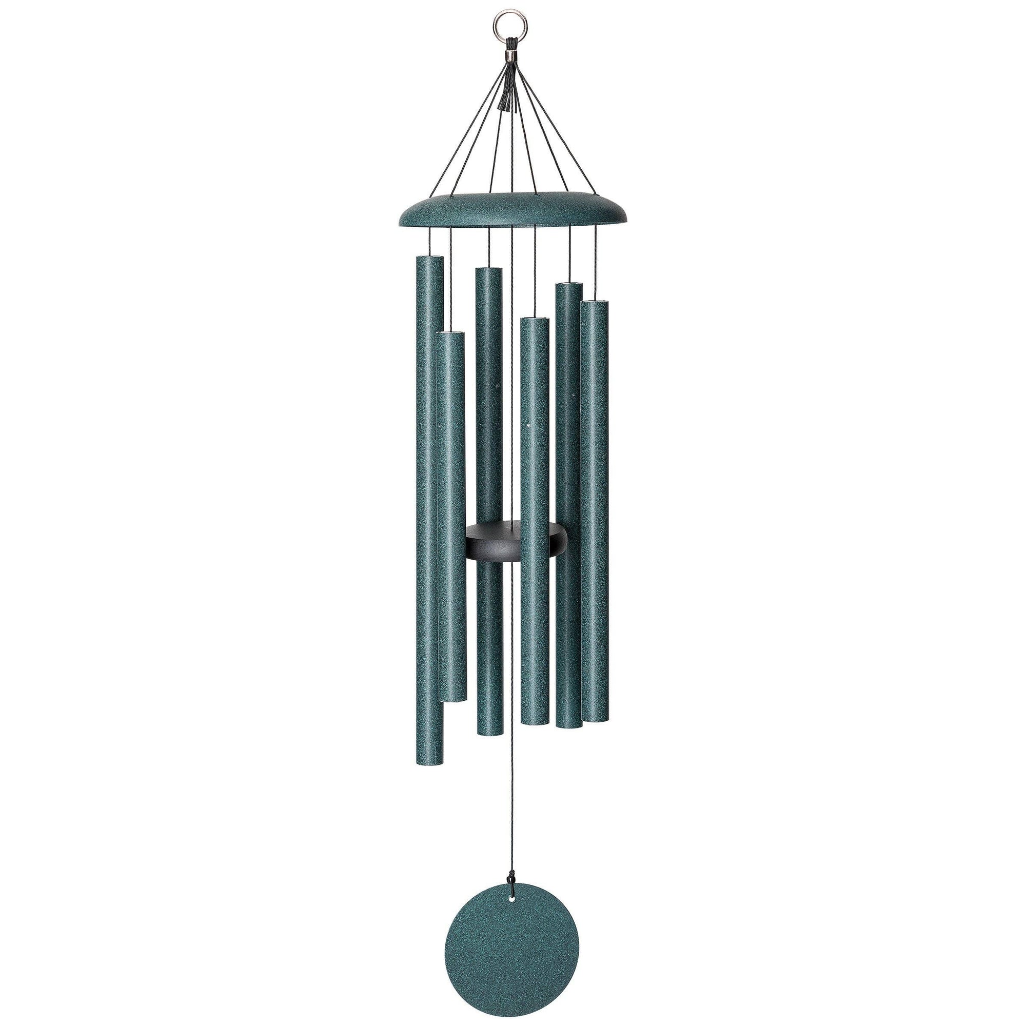 The Corinthian Bells® 36-inch Windchime is a versatile addition to any landscape design, featuring teal metal cylindrical rods suspended from a circular disc by black cords. A round sail at the bottom catches the wind, enhancing its charm and functionality.