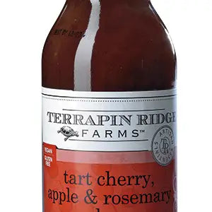 A brown glass bottle labeled "Terrapin Ridge Tart Cherry Apple & Rosemary Glaze" features a white and red label.