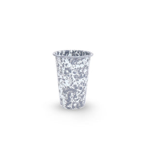 The Splatter Enamelware 14 oz Tumbler, featuring a gray and white speckled design, stands upright on a white background.