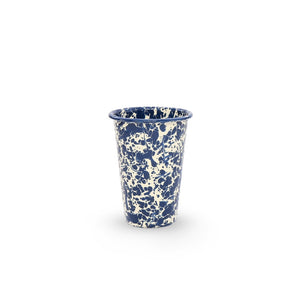 A Splatter Enamelware 14 oz Tumbler with a blue and white splatter pattern is centered on a plain white background.