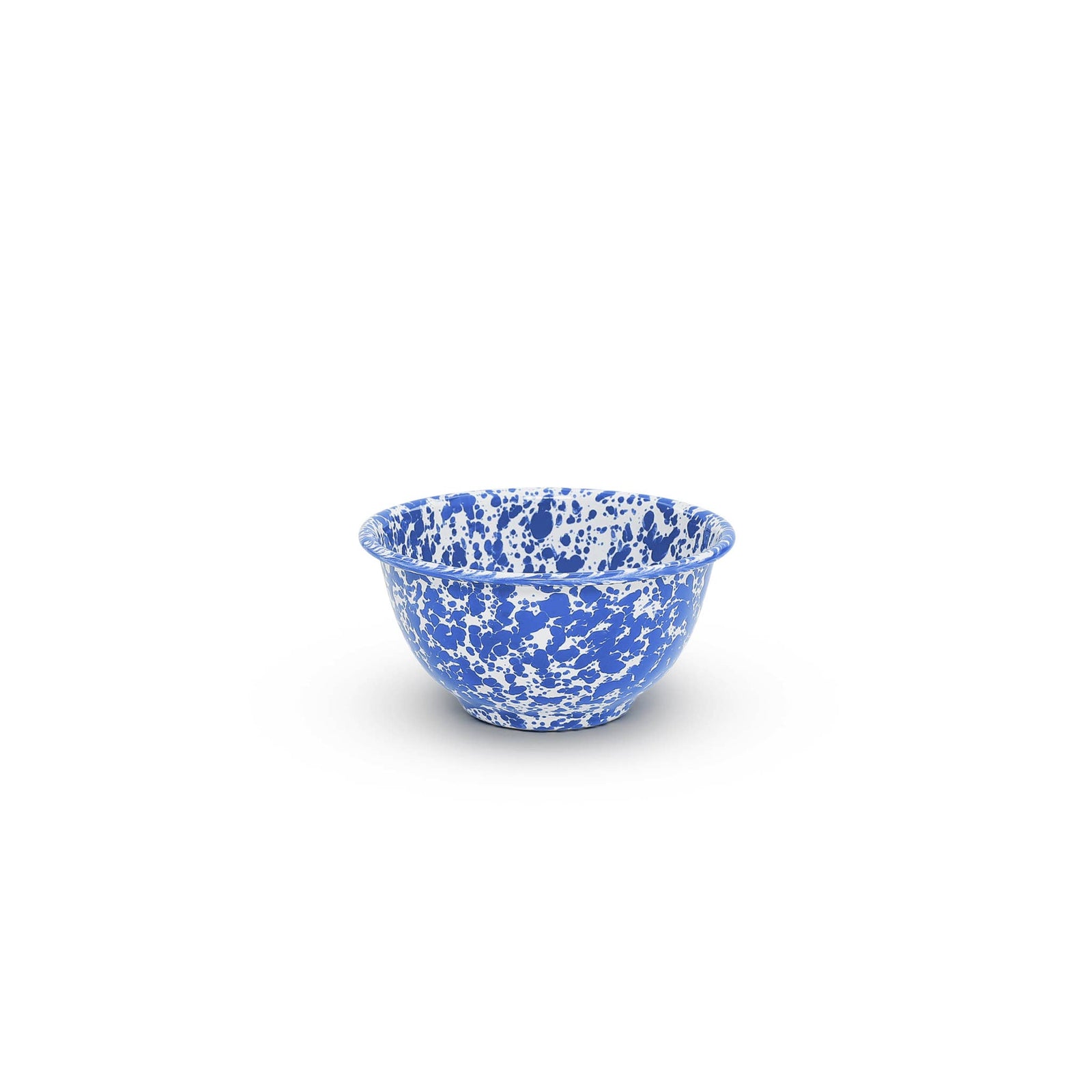 The Splatter Enamelware Small Footed Bowl is a small, round blue bowl with a charming white speckled pattern, perfect for serving dip to children.