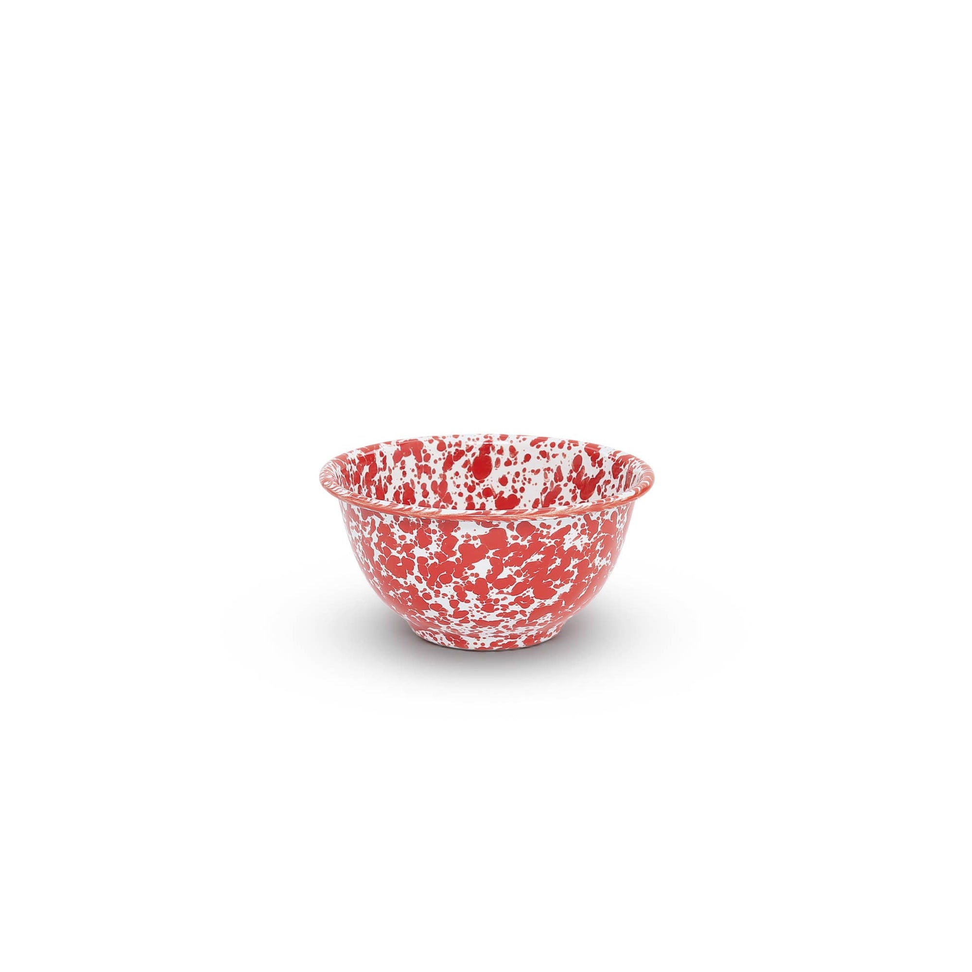 The Splatter Enamelware Small Footed Bowl, featuring a charming red-and-white speckled design, is centered against a plain white background, making it perfect for serving dip.