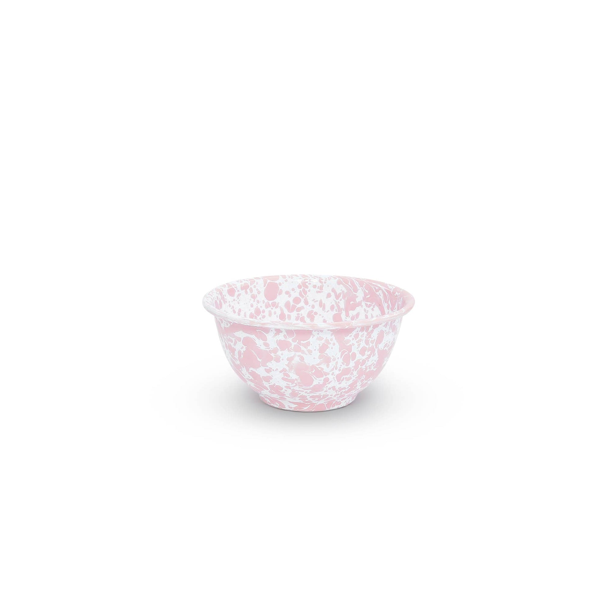 The Splatter Enamelware Small Footed Bowl, adorned with pink and white speckles, is perfect for serving dip to children and is photographed against a plain white background.