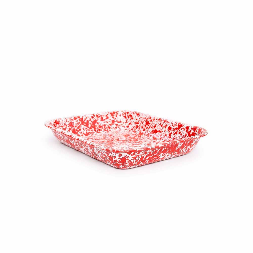 Introducing the Splatter Enamelware Large Open Roaster: a red and white speckled rectangular baking dish made of durable enamelware with slightly raised edges, set against a white background. Easy to clean and perfect for any kitchen.