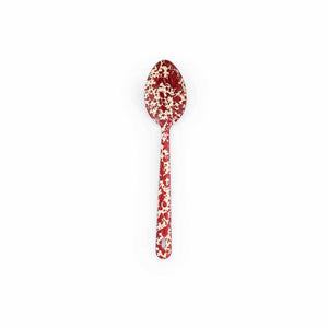 A Splatter Enamelware Large Serving Spoon, featuring vibrant red and white speckles, placed against a white background.