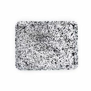 Splatter Enamelware Large Rectangle/Jelly Roll Tray featuring a black and white splatter pattern with a sleek porcelain finish.