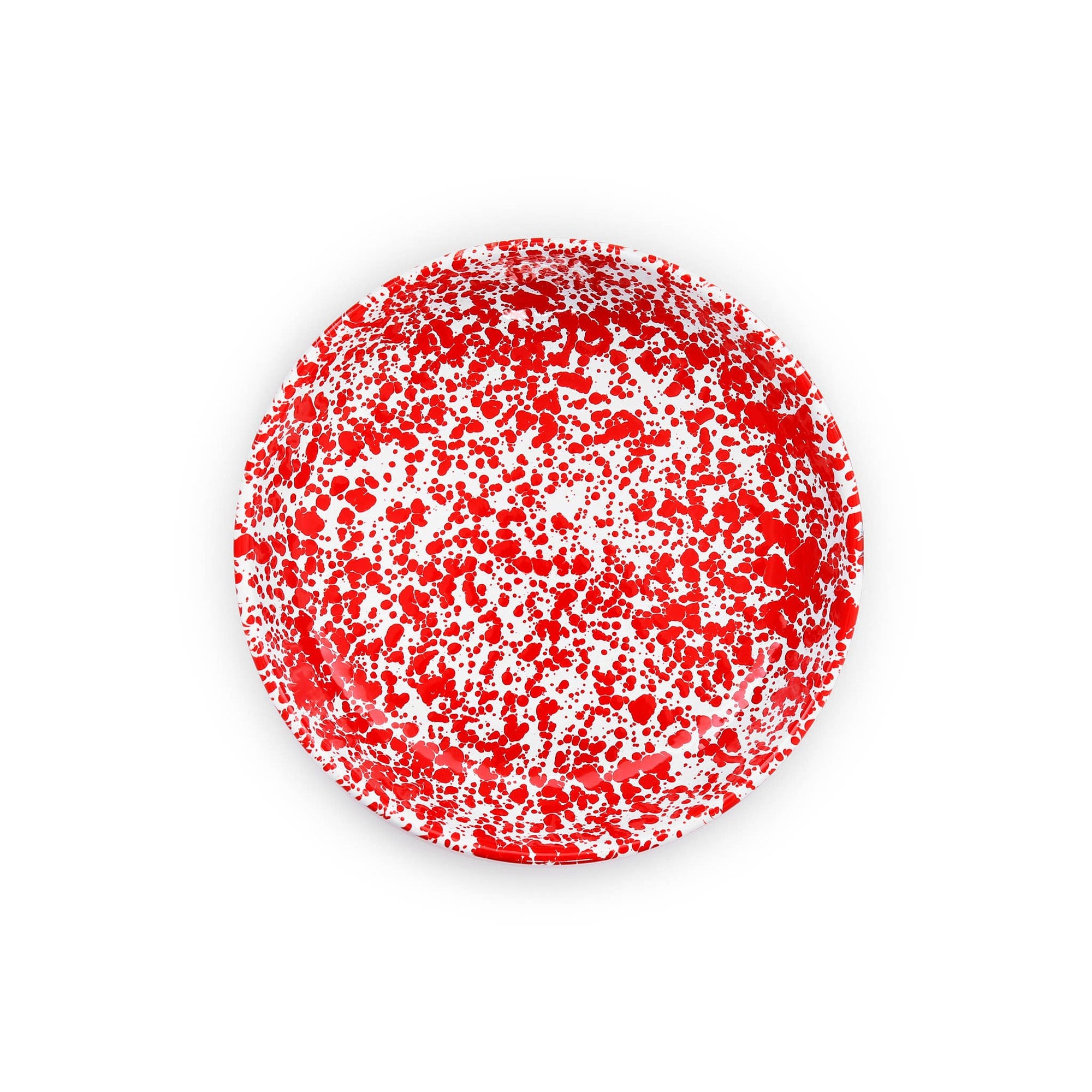 A Splatter Enamelware Pasta Plate, characterized by its round shape and a white base adorned with a vibrant, red speckled pattern that resembles a splattered paint effect.