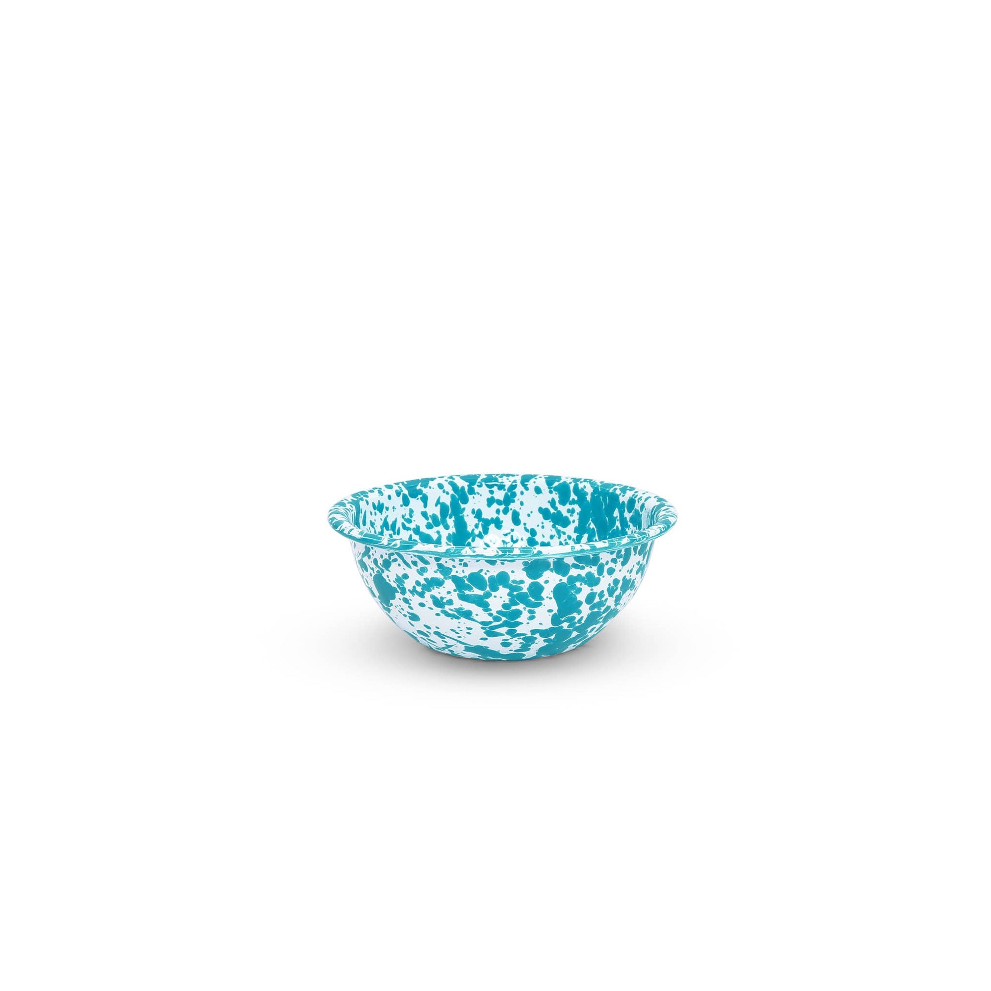 The Splatter Enamelware 20 oz Cereal Bowl, showcasing a small turquoise and white speckled design against a white background, is perfect for entertaining a crowd with its colorful charm.