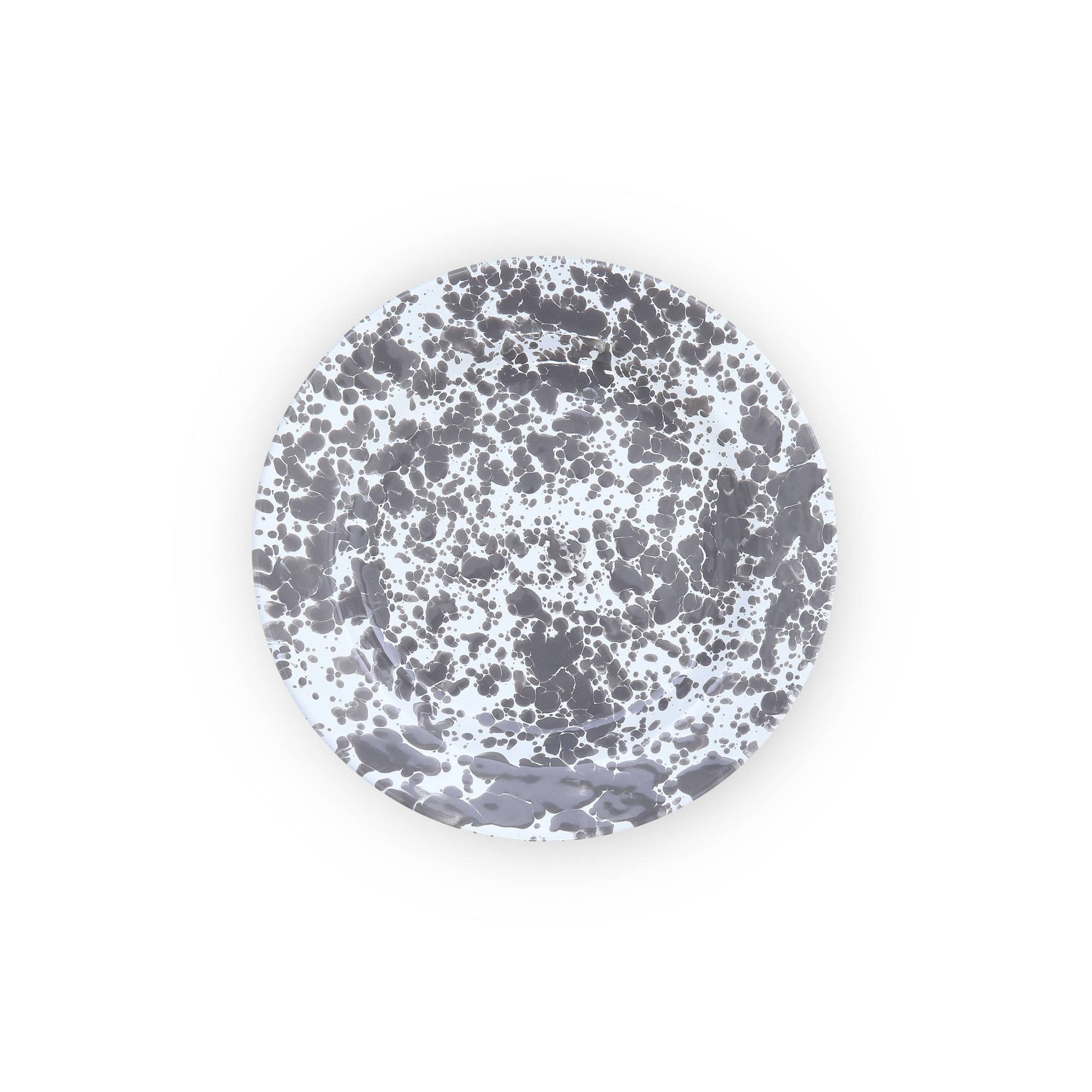 The Splatter Enamelware Dinner Plate features a white background with a stylish gray speckled pattern, making it perfect for entertaining.