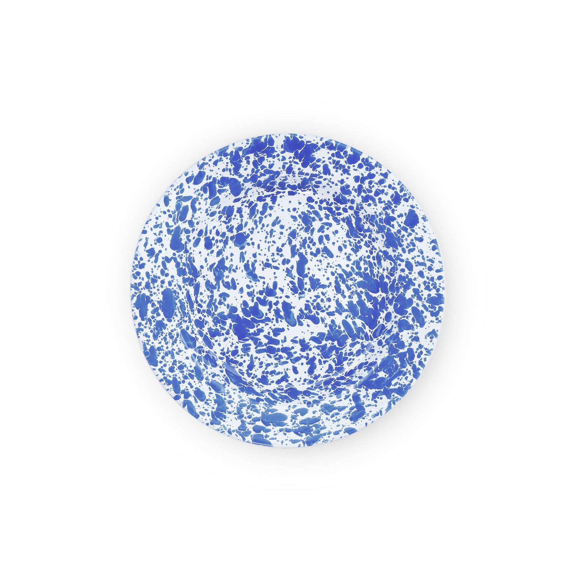 The Splatter Enamelware Dinner Plate features a vibrant blue and white splatter pattern, making it perfect for entertaining.