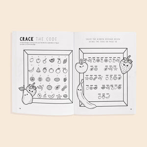 Gratitude For Kids (Mindfulness Activity Book for Kids) features coloring pages with fruit and food icons in frames, a code key, and a decode-the-message activity with banana, apple, and strawberry illustrations. Fun for kids!.