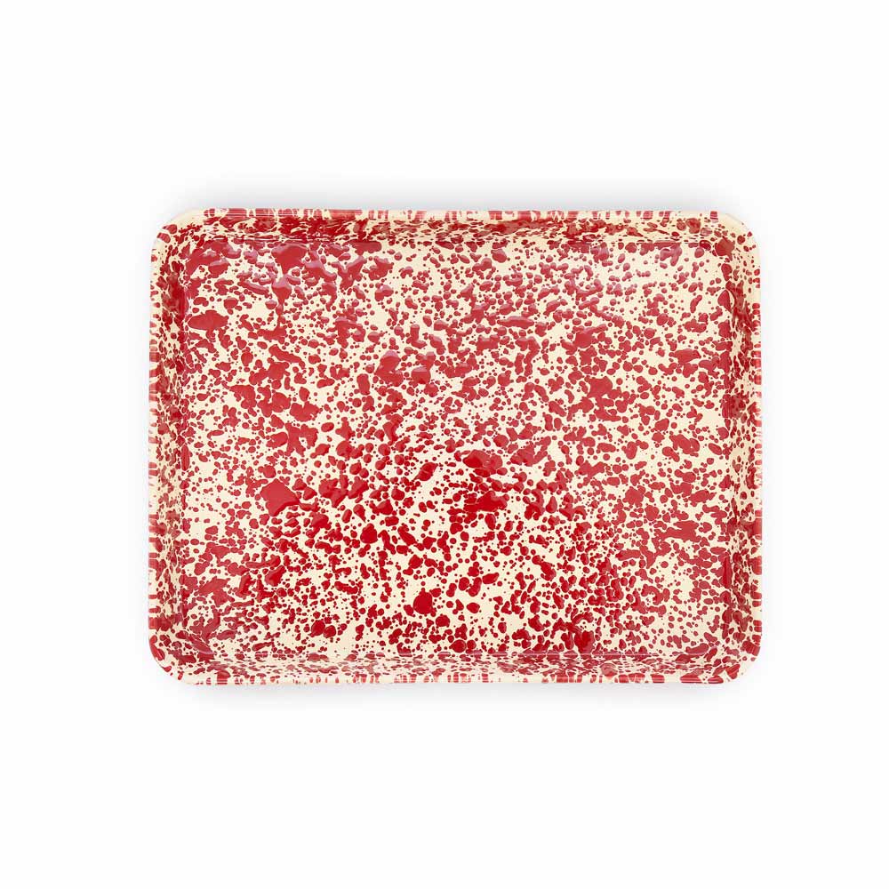 Splatter Enamelware Large Rectangle/Jelly Roll Tray with a red and white speckled porcelain finish on a plain background.