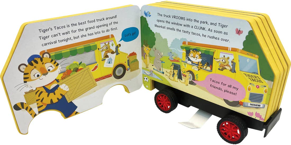 Introducing the Taco Truck, a children's foam core book shaped like a food truck. This playful book features illustrated pages with Tiger's Tacos being cooked and served by a tiger. With built-in wheels and a pull-back mechanism, it doubles as a toy vehicle for added fun.