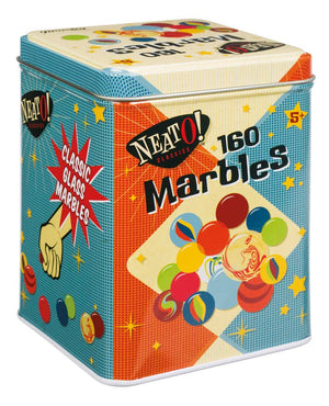 A colorful retro Neato! Marbles In A Tin Box featuring vibrant graphics of marbles and stars on a blue and red background.