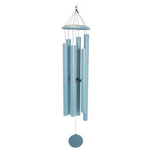 The Corinthian Bells® 65-inch Windchime - Wholesale in teal features six varying-length metal tubes on a circular top, suspended by strings with a round disc, creating deep, resonant tones and a striking presence.
