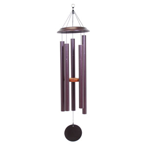 The Shenandoah Melodies® 47-inch Windchime includes five hand-tuned metallic purple tubes, a wooden disc, and a black circular windcatcher suspended by black strings, adding harmonious tones to your garden.