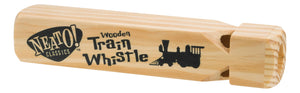 A Neato! 7.5" Classic Wooden Train Whistle with the words "locomotive's call" engraved on it.