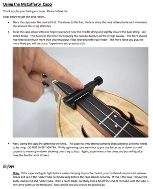 Guidelines for correctly positioning a McCafferty Capo on a guitar neck to ensure optimal tuning and string damping with the use of silicone tube capos.