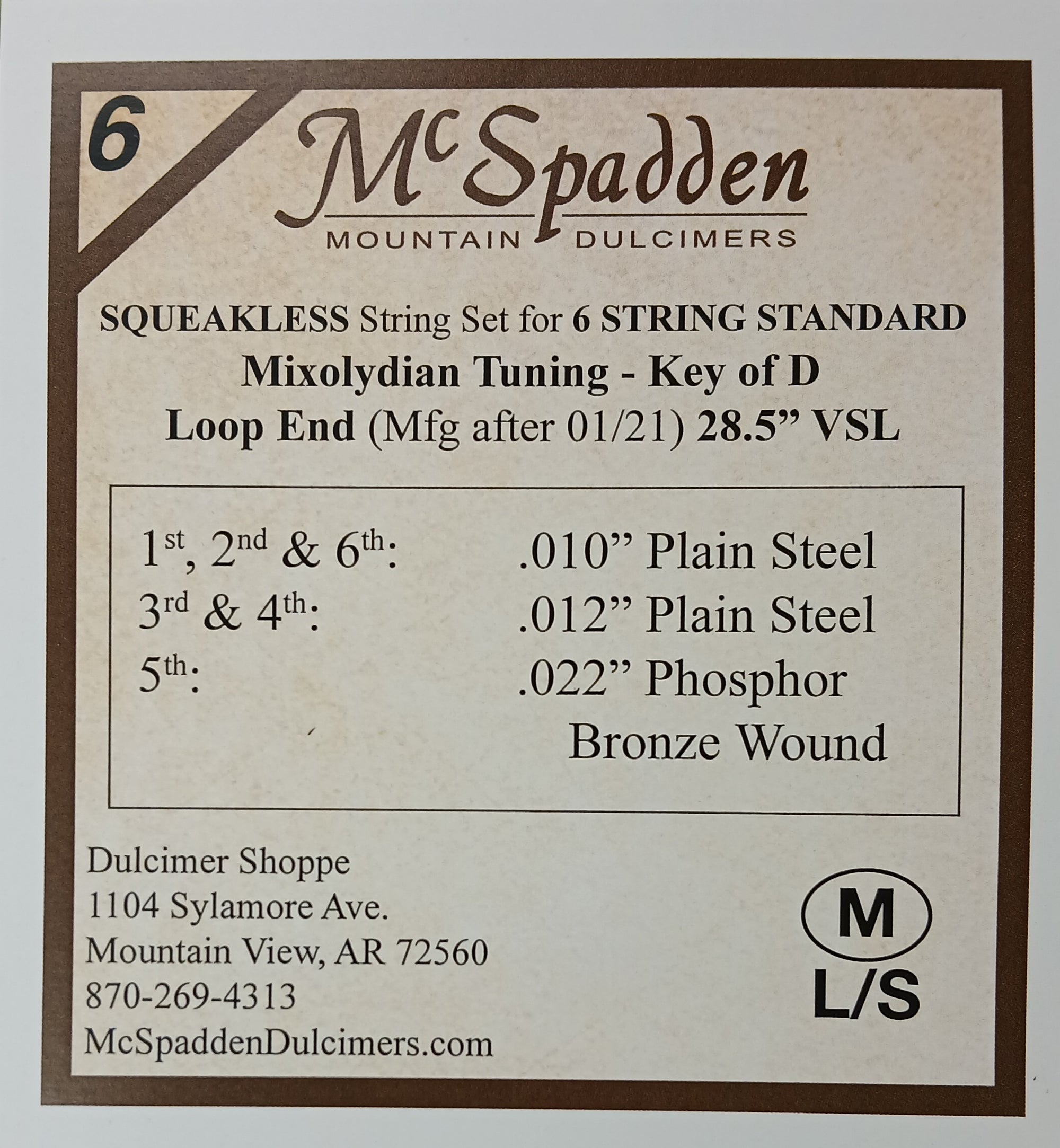 Label for McSpadden Mountain Dulcimers: 6 String Squeakless Standard Mixolydian String Set LOOP End, Key of D. Includes Phosphor Bronze Wound strings with detailed sizes and materials for 1st-6th strings. Contact info included.