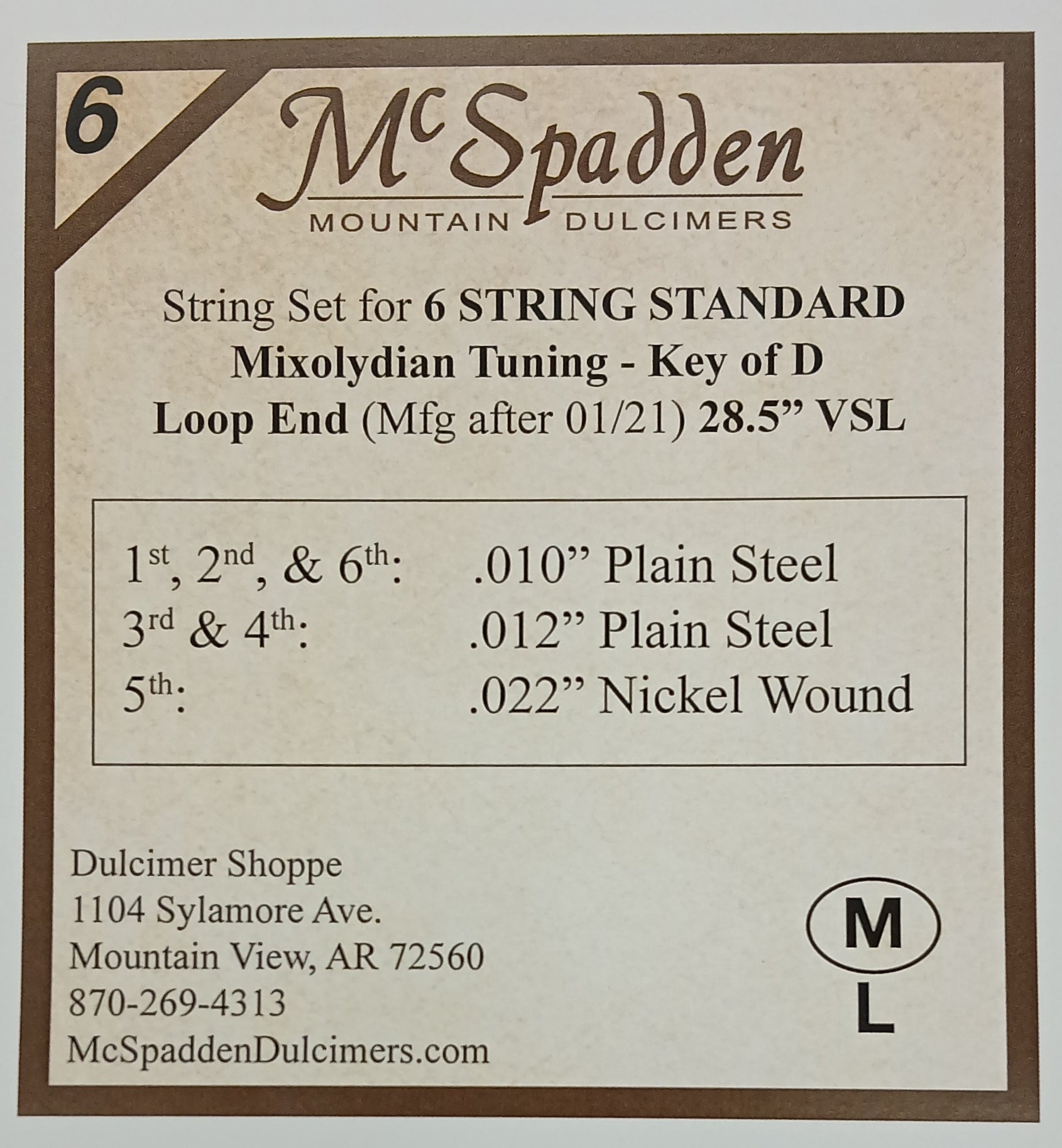 Product label for the 6 String Standard Mixolydian Key of D String Set LOOP End, featuring Plain Steel and Nickel Wound strings. Includes string gauges and contact details for Dulcimer Shoppe.