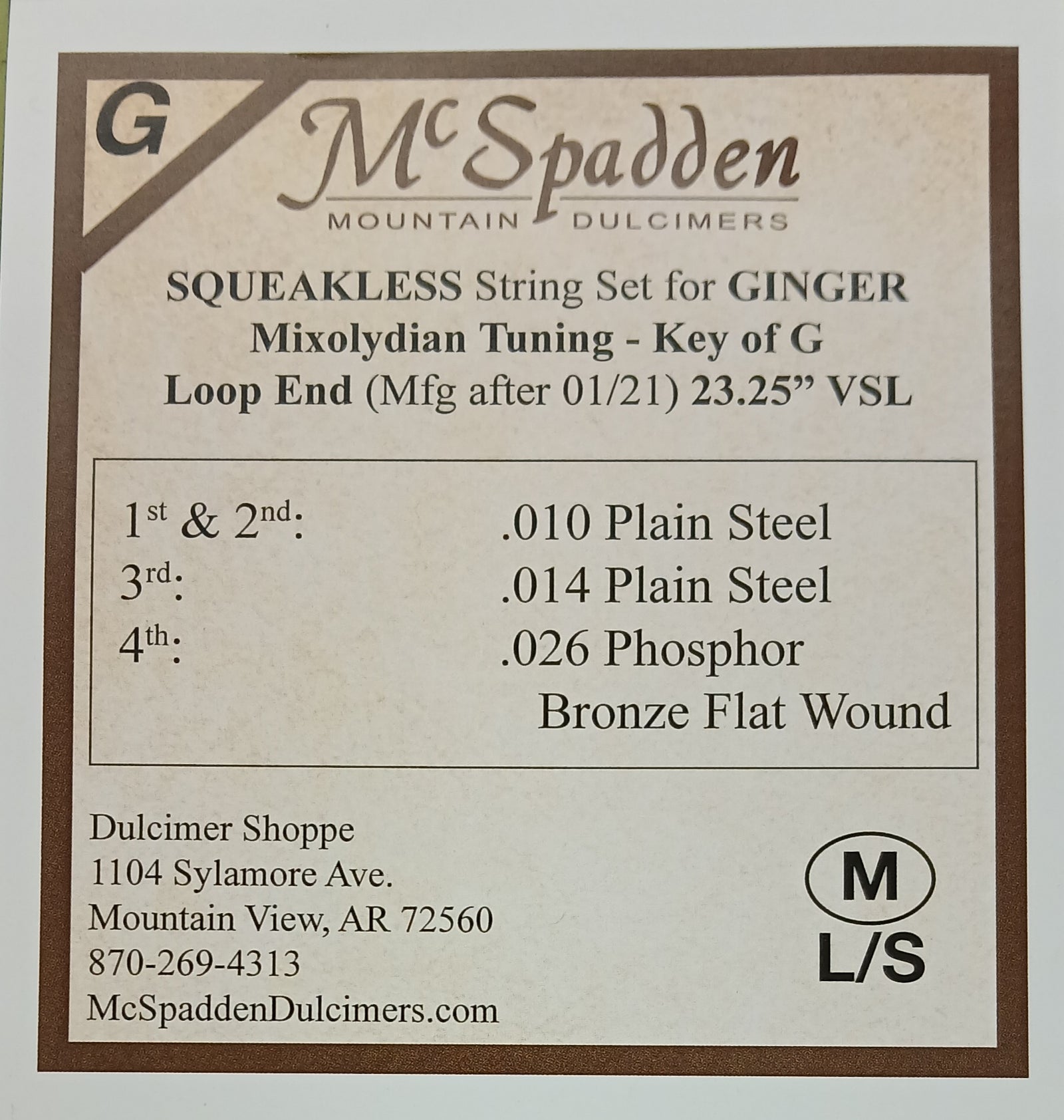 Label for Ginger Squeakless Key of G String Set LOOP End for McSpadden Mountain Dulcimer, with Phosphor Bronze winding, string gauges, and manufacturer contact details.