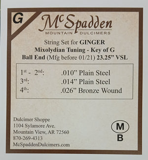 Label for Ginger Key of G String Set BALL End with Mixolydian tuning. Features bronze wound and plain steel string gauges. Contact Dulcimer Shoppe in Mountain View, AR for details.