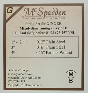 Ginger Key of D String Set BALL End for a McSpadden dulcimer, Mixolydian tuning. Includes .012" and .016" plain steel, .026" bronze wound strings. Contact info for Dulcimer Shoppe provided.