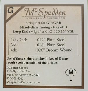 The Ginger Key of D String Set LOOP End from McSpadden Mountain Dulcimers is designed for "Ginger" dulcimers and features loop end plain steel and bronze wound strings. For details, contact Dulcimer Shoppe in Mountain View, Arkansas.