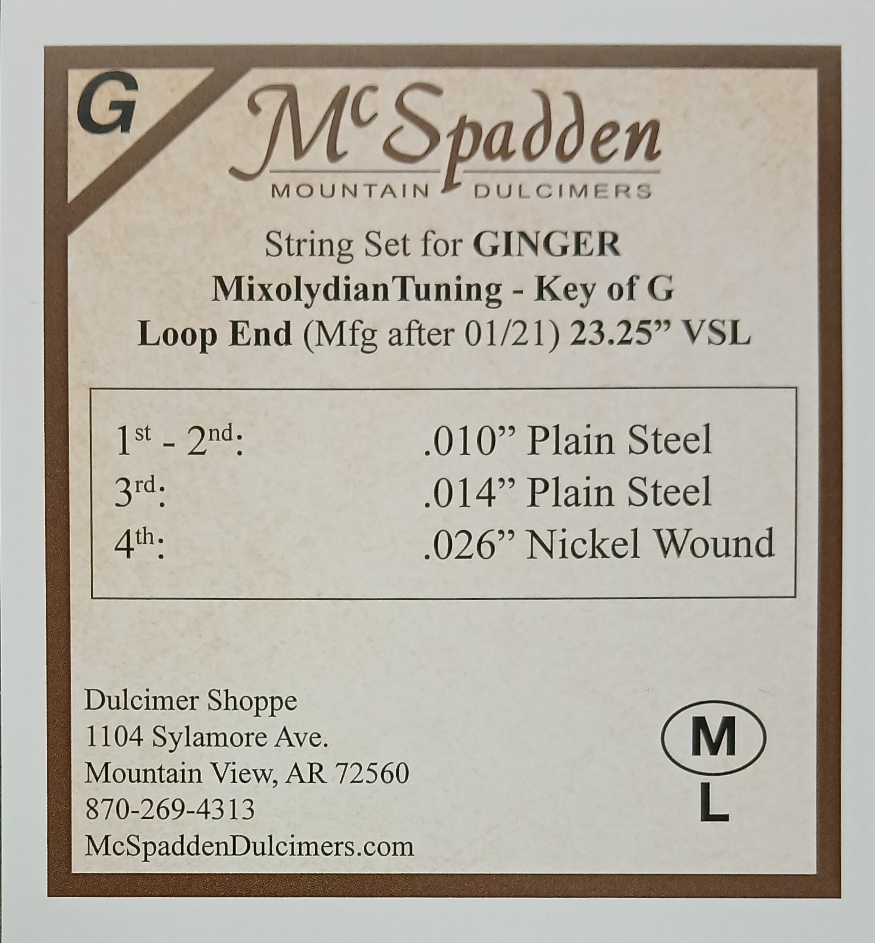 Label for Ginger Key of G String Set LOOP End by McSpadden Mountain Dulcimers with nickel wound strings for Mixolydian tuning in Key of G: .010"x2, .014", .026". Includes address and contact info for Dulcimer Shoppe.